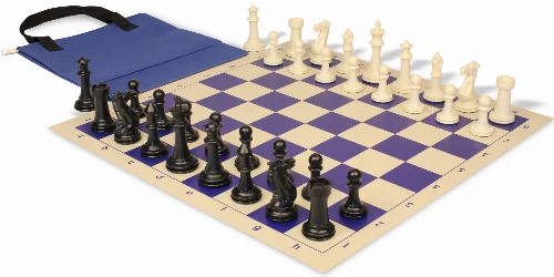 Executive Easy-Carry Plastic Chess Set Black & Ivory Pieces with Vinyl Rollup Board - Blue - Image 1