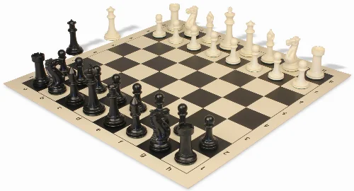 Executive Plastic Chess Set Black & Ivory Pieces with Vinyl Roll-up Board - Black - Image 1