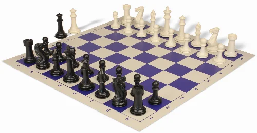 Executive Plastic Chess Set Black & Ivory Pieces with Vinyl Roll-up Board - Blue - Image 1