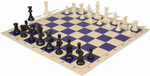 Standard Club Triple Weighted Plastic Chess Set Black & Ivory Pieces with Vinyl Rollup Board - Blue - Image 1