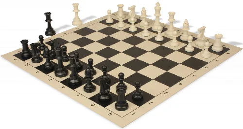 Standard Club Triple Weighted Plastic Chess Set Black & Ivory Pieces with Vinyl Rollup Board - Black - Image 1