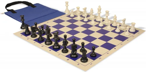 Standard Club Easy-Carry Triple Weighted Plastic Chess Set Black & Ivory Pieces with Vinyl Rollup Board - Blue - Image 1