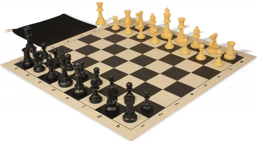 Standard Club Classroom Triple Weighted Plastic Chess Set Black & Camel Pieces with Vinyl Rollup Board - Black - Image 1