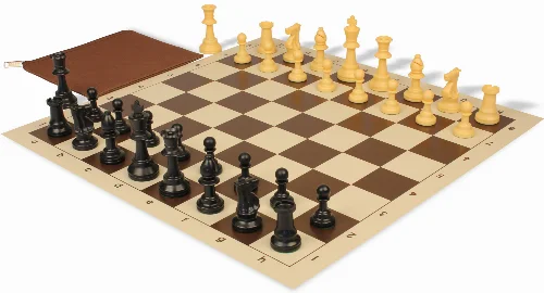 Standard Club Classroom Triple Weighted Plastic Chess Set Black & Camel Pieces with Vinyl Rollup Board - Brown - Image 1