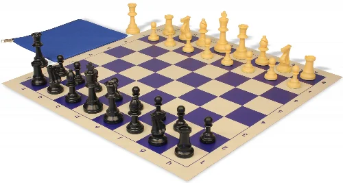 Standard Club Classroom Triple Weighted Plastic Chess Set Black & Camel Pieces with Vinyl Rollup Board - Blue - Image 1