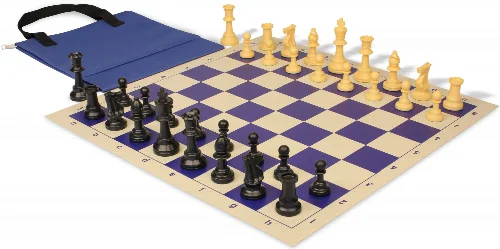 Standard Club Easy-Carry Triple Weighted Plastic Chess Set Black & Camel Pieces with Vinyl Rollup Board - Blue - Image 1