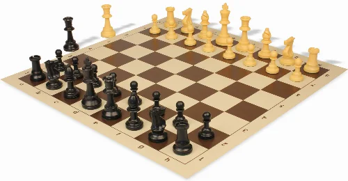 Standard Club Triple Weighted Plastic Chess Set Black & Camel Pieces with Vinyl Rollup Board - Brown - Image 1