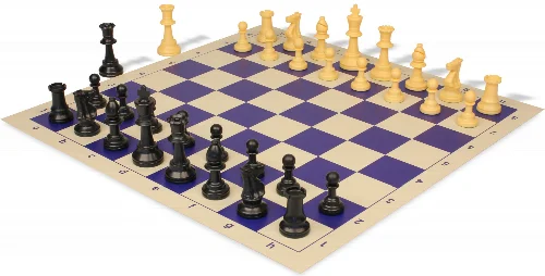 Standard Club Triple Weighted Plastic Chess Set Black & Camel Pieces with Vinyl Rollup Board - Blue - Image 1