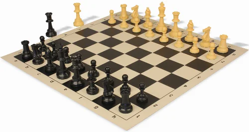 Standard Club Triple Weighted Plastic Chess Set Black & Camel Pieces with Vinyl Rollup Board - Black - Image 1