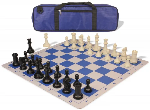 Conqueror Carry-All Plastic Chess Set Black & Ivory Pieces with Lightweight Floppy Board - Royal Blue - Image 1