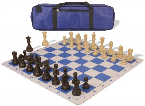 German Knight Carry-All Plastic Chess Set Brown & Natural Wood Grain Pieces with Lightweight Floppy Board - Royal Blue - Image 1