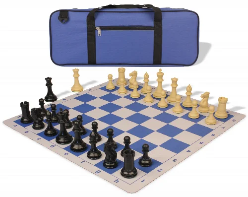 Conqueror Deluxe Carry-All Plastic Chess Set Black & Camel Pieces with Lightweight Floppy Board - Royal Blue - Image 1