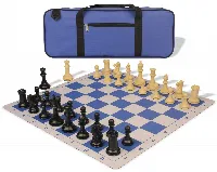 Conqueror Deluxe Carry-All Plastic Chess Set Black & Camel Pieces with Lightweight Floppy Board - Royal Blue