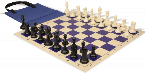 Conqueror Easy-Carry Plastic Chess Set Black & Ivory Pieces with Vinyl Rollup Board - Blue - Image 1