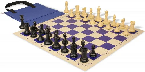 Conqueror Easy-Carry Plastic Chess Set Black & Camel Pieces with Vinyl Rollup Board - Blue - Image 1