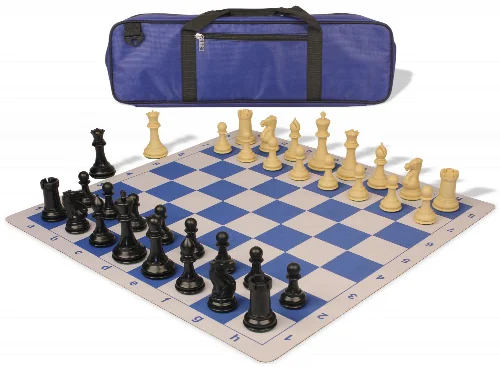 Conqueror Carry-All Plastic Chess Set Black & Camel Pieces with Lightweight Floppy Board - Royal Blue - Image 1