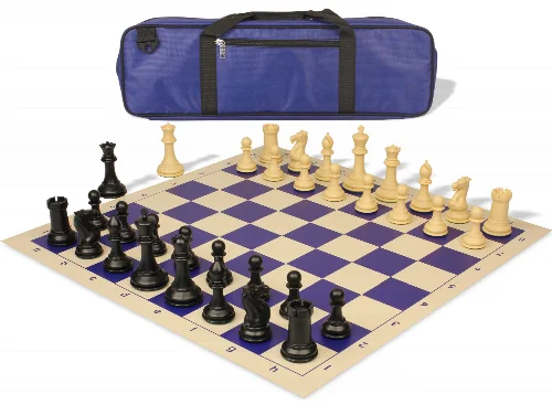 Conqueror Carry-All Plastic Chess Set Black & Camel Pieces with Vinyl Rollup Board - Blue - Image 1