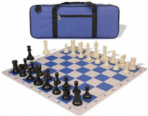 Conqueror Deluxe Carry-All Plastic Chess Set Black & Ivory Pieces with Lightweight Floppy Board - Royal Blue - Image 1