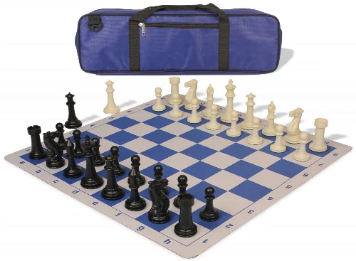 Executive Carry-All Plastic Chess Set Black & Ivory Pieces with Lightweight Floppy Board - Royal Blue - Image 1