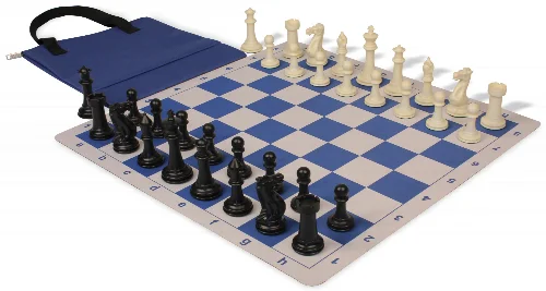 Executive Easy-Cary Plastic Chess Set Black & Ivory Pieces with Lightweight Floppy Board & Bag - Royal Blue - Image 1
