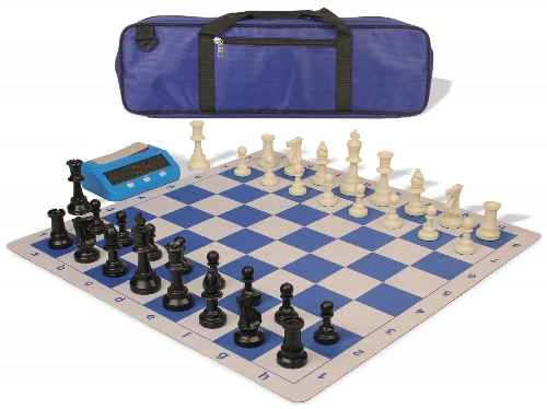 Weighted Standard Club Large Carry-All Plastic Chess Set Black & Ivory Pieces with Bag, Clock, & Lightweight Floppy Board - Royal Blue - Image 1
