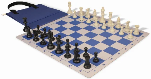 Weighted Standard Club Easy-Carry Plastic Chess Set Black & Ivory Pieces with Lightweight Floppy Board - Royal Blue - Image 1