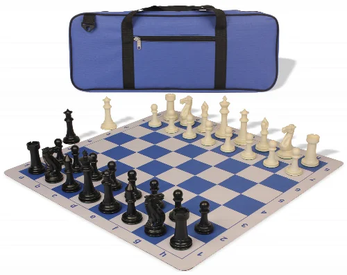 Executive Deluxe Carry-All Plastic Chess Set Black & Ivory Pieces with Lightweight Floppy Board & Bag - Royal Blue - Image 1