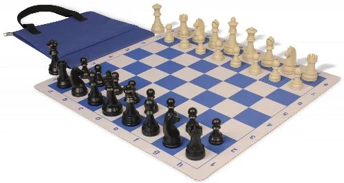 German Knight Easy-Carry Plastic Chess Set Black & Aged Ivory Pieces with Lightweight Floppy Board - Royal Blue - Image 1