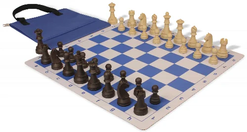 German Knight Easy-Carry Plastic Chess Set Brown & Natural Wood Grain Pieces with Lightweight Floppy Board - Royal Blue - Image 1