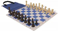 German Knight Easy-Carry Plastic Chess Set Brown & Natural Wood Grain Pieces with Lightweight Floppy Board - Royal Blue