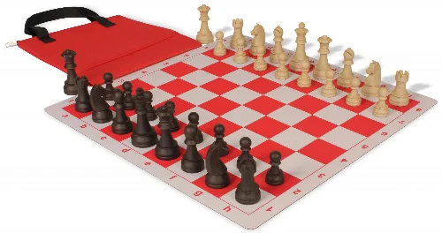 German Knight Easy-Carry Plastic Chess Set Brown & Natural Wood Grain Pieces with Lightweight Floppy Board - Red - Image 1