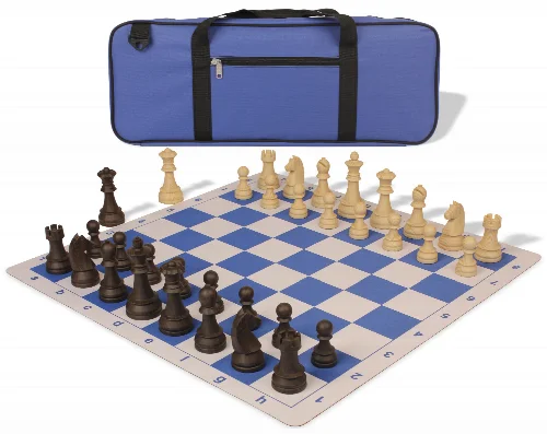 German Knight Deluxe Carry-All Plastic Chess Set Brown & Natural Wood Grain Pieces with Lightweight Floppy Board - Royal Blue - Image 1