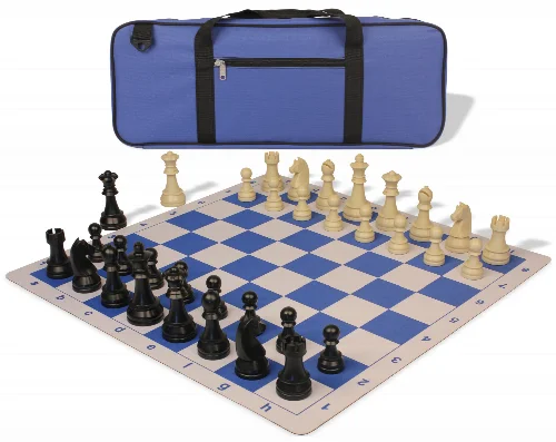 German Knight Deluxe Carry-All Plastic Chess Set Black & Aged Ivory Pieces with Lightweight Floppy Board - Royal Blue - Image 1