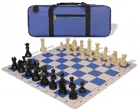 German Knight Deluxe Carry-All Plastic Chess Set Black & Aged Ivory Pieces with Lightweight Floppy Board - Royal Blue