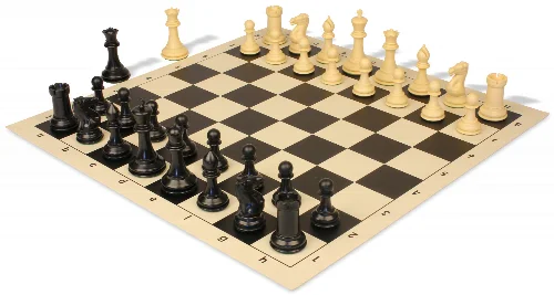 Conqueror Plastic Chess Set Black & Camel Pieces with Rollup Board - Black - Image 1