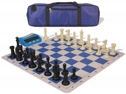 Executive Large Carry-All Plastic Chess Set Black & Ivory Pieces with Clock & Lightweight Floppy Board - Royal Blue - Image 1