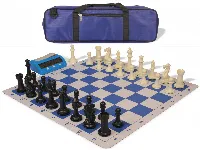 Executive Large Carry-All Plastic Chess Set Black & Ivory Pieces with Clock & Lightweight Floppy Board - Royal Blue
