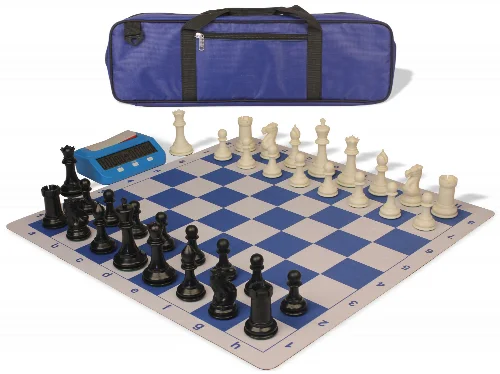 Conqueror Large Carry-All Plastic Chess Set Black & Ivory Pieces with Clock & Lightweight Floppy Board - Royal Blue - Image 1