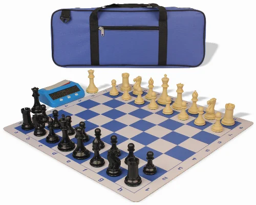 Conqueror Deluxe Carry-All Plastic Chess Set Black & Camel Pieces with Clock & Lightweight Floppy Board - Royal Blue - Image 1