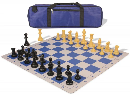 Standard Club Carry-All Triple Weighted Plastic Chess Set Black & Camel Pieces with Lightweight Floppy Board - Royal Blue - Image 1