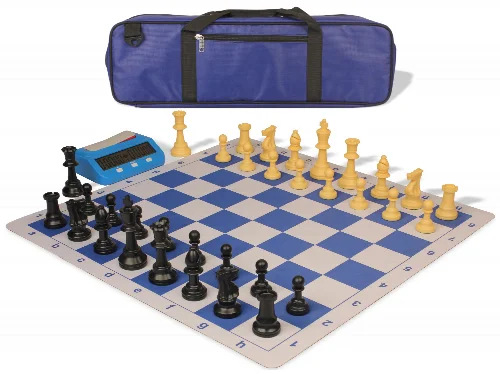 Weighted Standard Club Large Carry-All Plastic Chess Set Black & Camel Pieces with Bag, Clock, & Lightweight Floppy Board - Royal Blue - Image 1