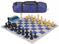 Weighted Standard Club Large Carry-All Plastic Chess Set Black & Camel Pieces with Bag, Clock, & Lightweight Floppy Board - Royal Blue