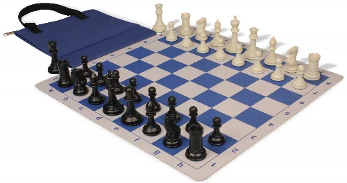 Conqueror Easy-Carry Plastic Chess Set Black & Ivory Pieces with Lightweight Floppy Board - Royal Blue - Image 1