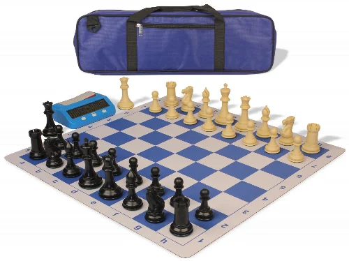 Conqueror Large Carry-All Plastic Chess Set Black & Camel Pieces with Clock & Lightweight Floppy Board - Royal Blue - Image 1