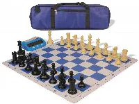 Conqueror Large Carry-All Plastic Chess Set Black & Camel Pieces with Clock & Lightweight Floppy Board - Royal Blue