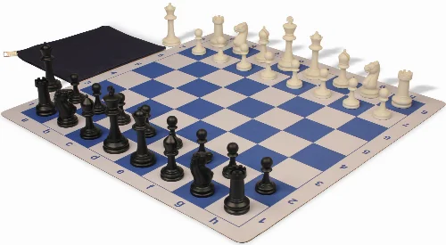 Master Series Classroom Triple Weighted Plastic Chess Set Black & Ivory Pieces with Lightweight Floppy Board & Bag - Blue - Image 1