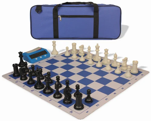 Conqueror Deluxe Carry-All Plastic Chess Set Black & Ivory Pieces with Clock & Lightweight Floppy Board - Royal Blue - Image 1