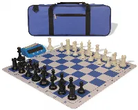 Conqueror Deluxe Carry-All Plastic Chess Set Black & Ivory Pieces with Clock & Lightweight Floppy Board - Royal Blue