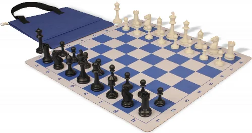 Master Series Easy-Carry Triple Weighted Plastic Chess Set Black & Ivory Pieces with Lightweight Floppy Board & Bag Blue - Image 1