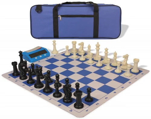 Executive Deluxe Carry-All Plastic Chess Set Black & Ivory Pieces with Clock & Lightweight Floppy Board & Bag - Royal Blue - Image 1